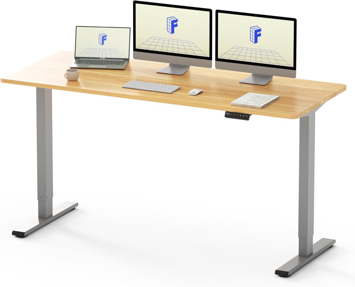 FLEXISPOT Basic Plus Elektrisch Höhenverstellbarer Schreibtisch (160 x 80 cm) mit Tischplatte 2-Fach-Teleskop, Sitz- & Stehpult mit Memory-Steuerung (ahorn+grau Gestell) Bild 1