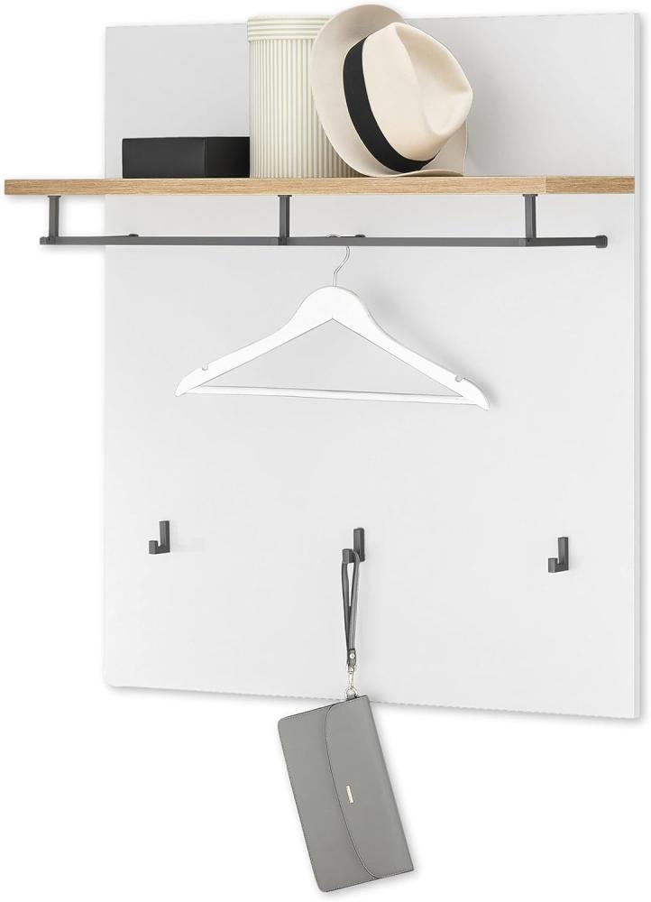 MILAN Garderobenpaneel in Weiß, Artisan Eiche Optik - Moderne Hutablage mit zuverlässigen Wandhaken für Jacken & Taschen - 85 x 95 x 27 cm (B/H/T) Bild 1