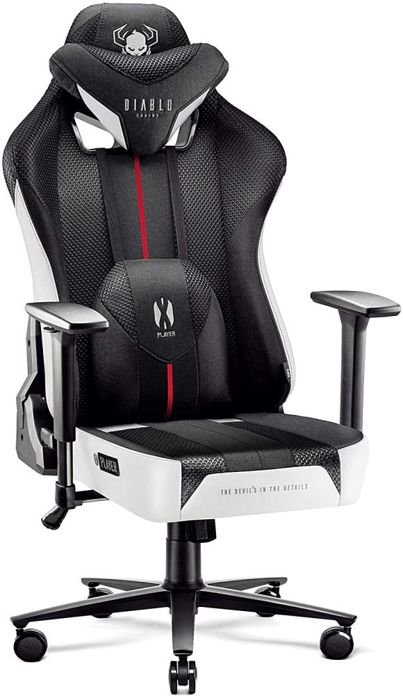 Diablo X-Player 2. 0 Gaming Stuhl Bürostuhl Gamer Chair Stoff 3D Armlehnen Ergonomisches Design Nacken/- Lendenkissen Wippfunktion Weiß-Schwarz Normal (L) Bild 1