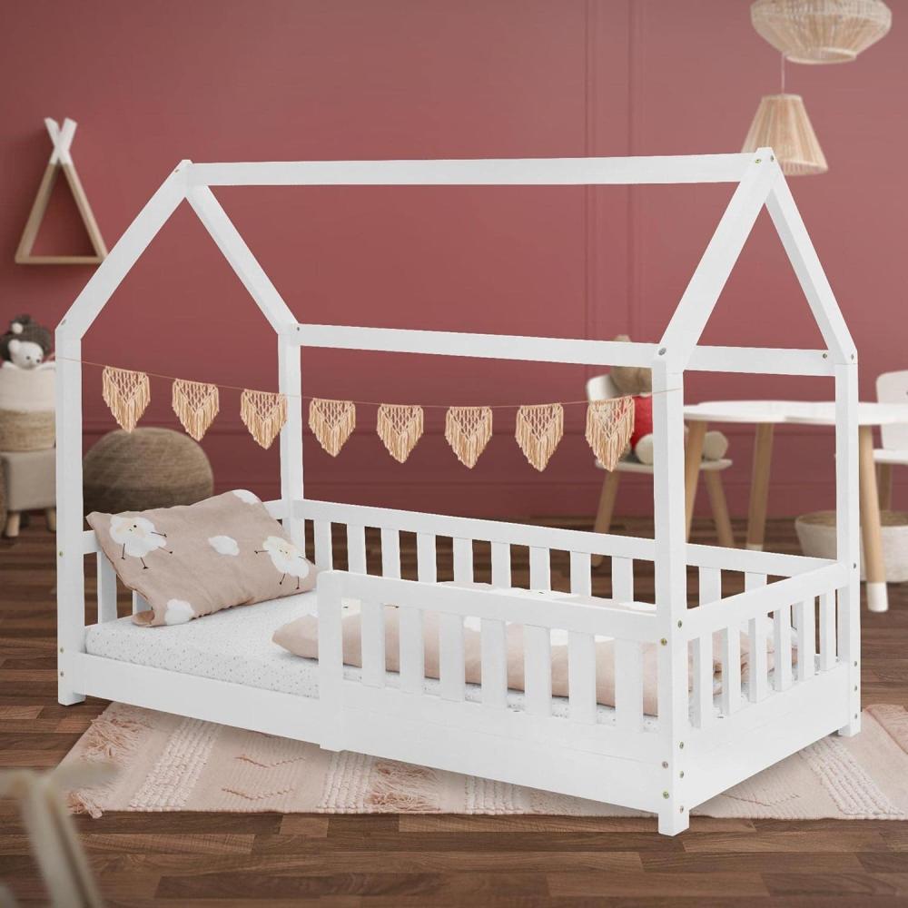 Kinderbett mit Rausfallschutz Lattenrost und Dach 80x160 cm Weiß aus Kiefernholz ML-Design Bild 1