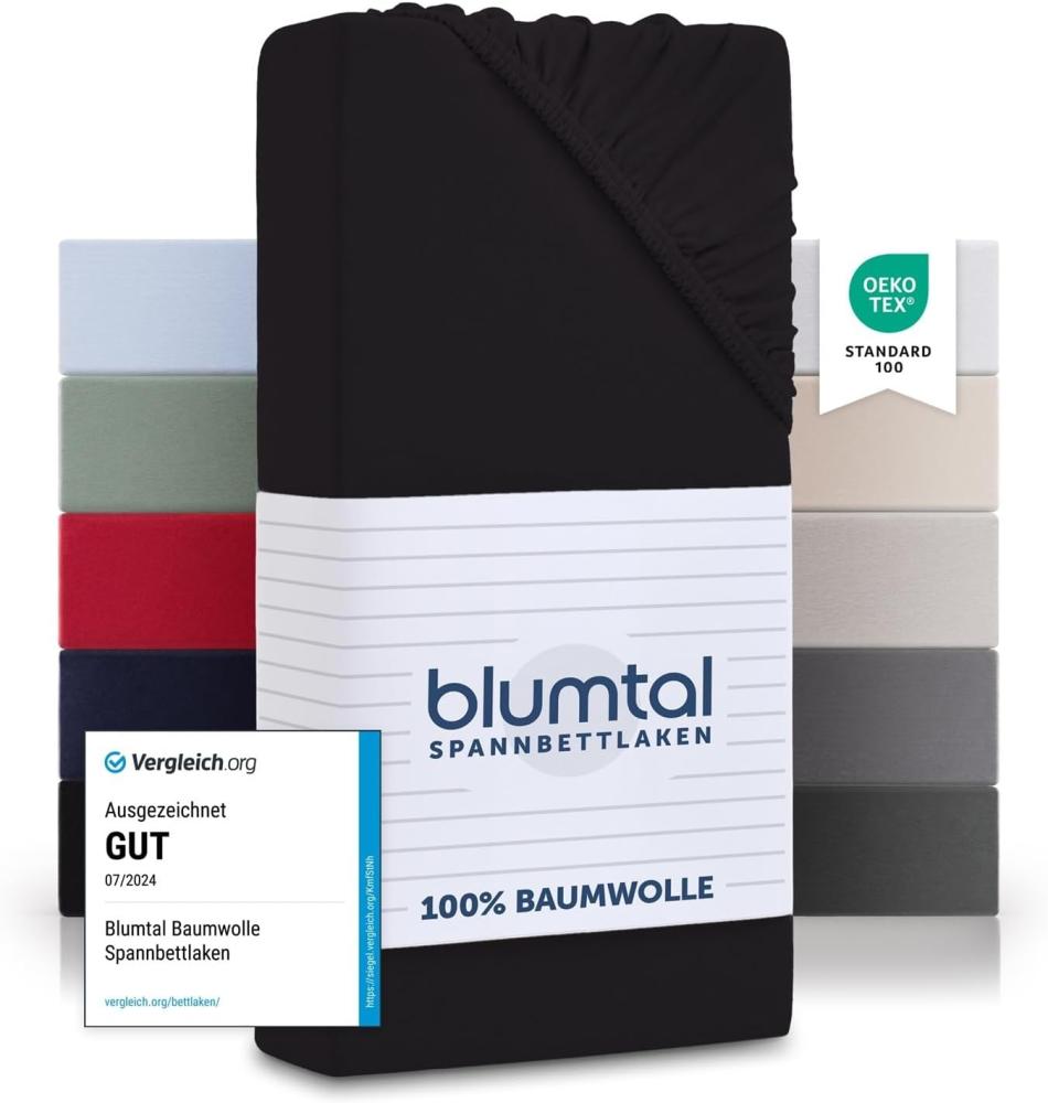 Blumtal® Basics Jersey (2er-Set) Spannbettlaken 160x200cm -Oeko-TEX Zertifiziert, 100% Baumwolle Bettlaken, bis 7cm Topperhöhe, Schwarz Bild 1