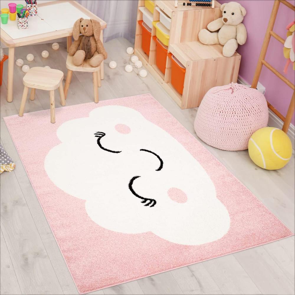 carpet city Kinderzimmer Teppiche Wolken Motiv Rosa 120x160 cm Glanzgarn Flachflor Babyzimmer Bild 1