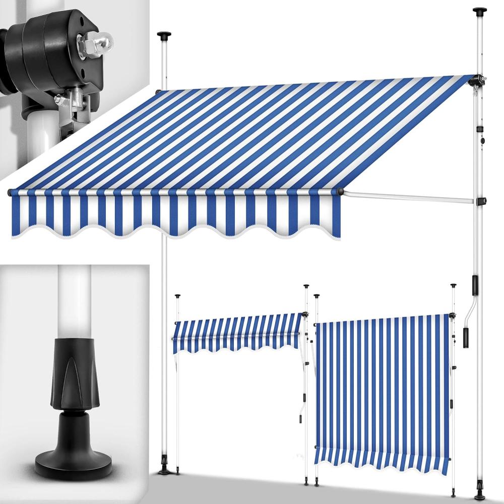 tillvex Klemmmarkise 200cm Blau-Weiß mit Handkurbel Balkon | Balkonmarkise ohne Bohren | Markise UV-beständig & höhenverstellbar | Sonnenschutz wasserdicht Bild 1