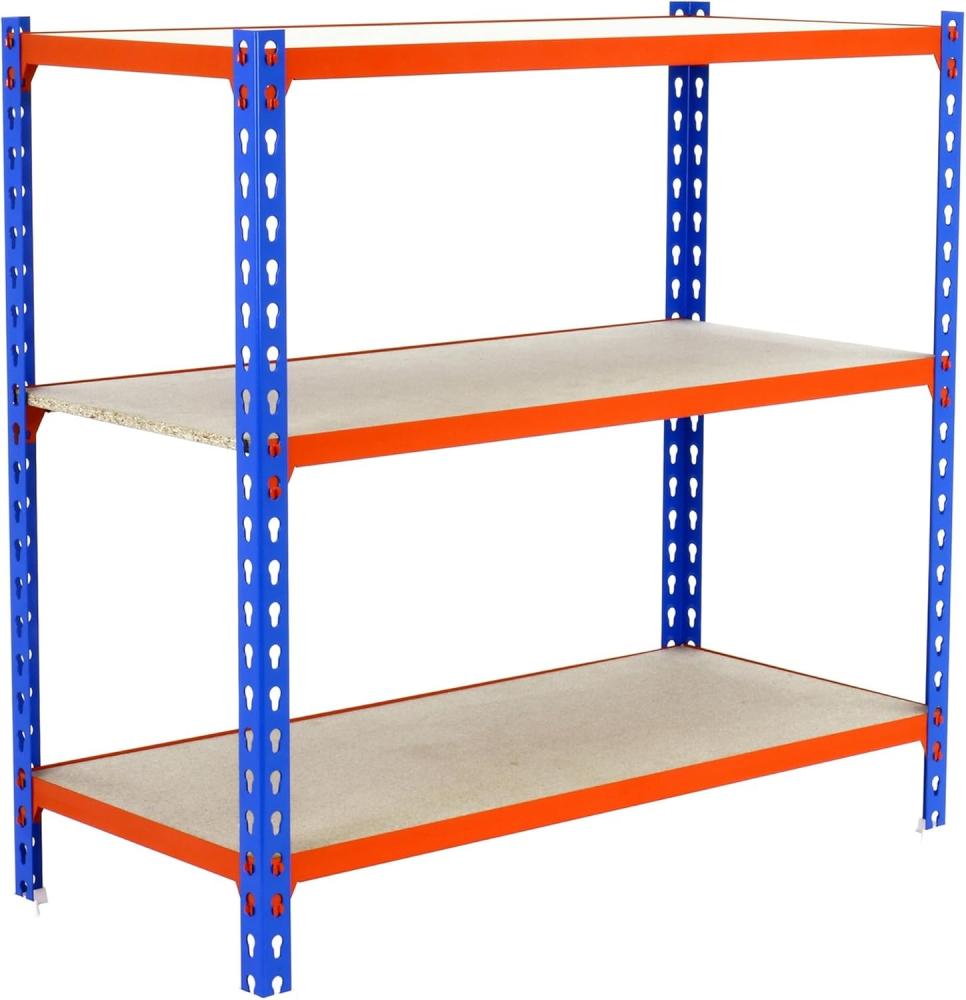 Simonrack Schwerlastregal, Lagerregal, 100x100x50 cm, Metallregal, Kellerregal, Biegestelle 150 kg, 3 Holzfachböden, Blau/Orange/Holz - Maderclick Bild 1