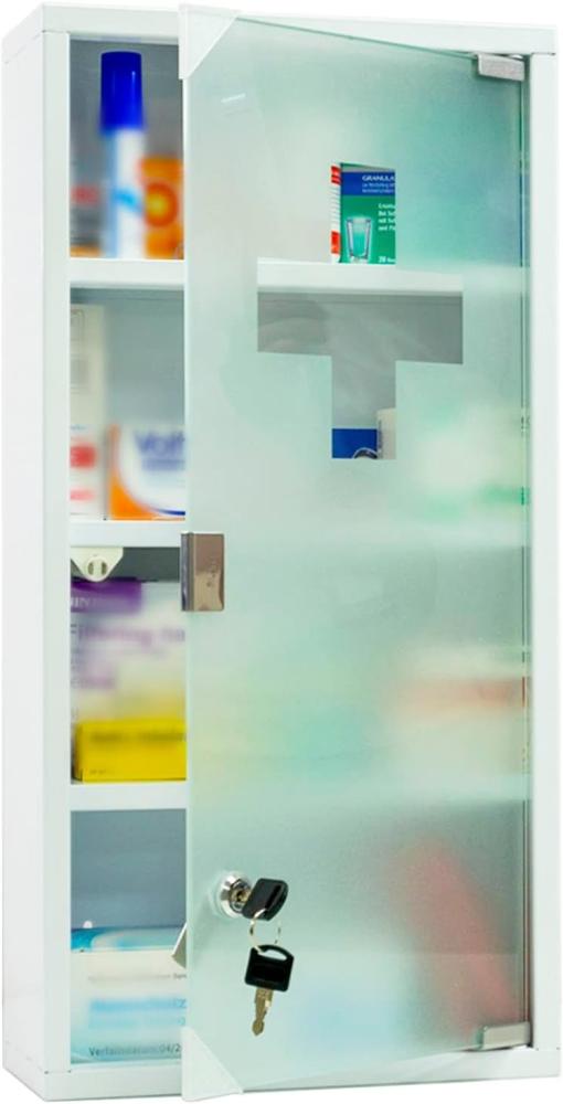 Style home Medizinschrank Arzneischrank abschließbare Hausapotheke Erste Hilfe Schrank, Metall Apothekerschrank mit Glastür, inkl. 2 Schlüsseln, 60x30x12cm (Weiß, 4 Fächer) Bild 1