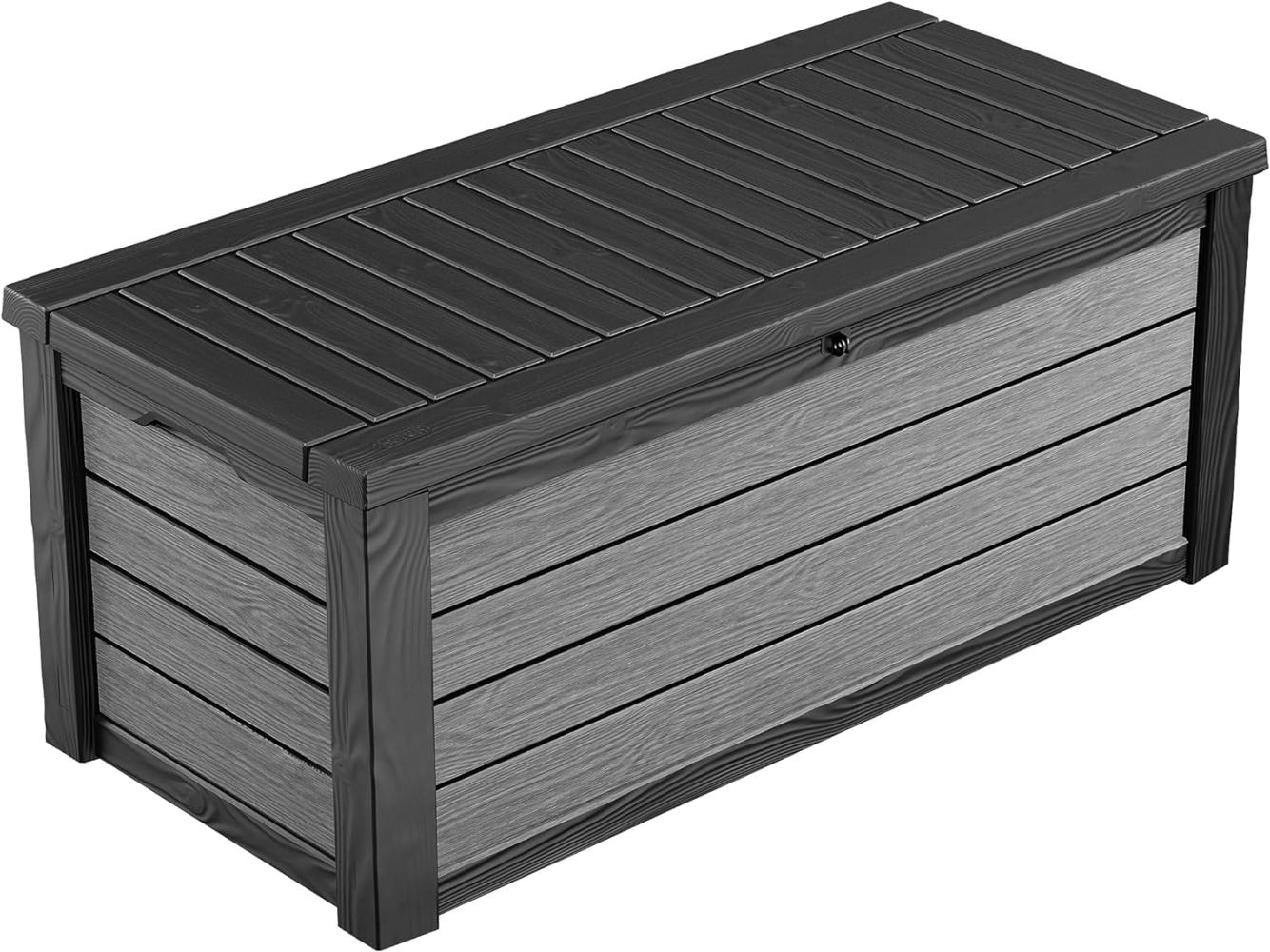 Keter Brushwood Kissenbox, Auflagenbox, 454 Liter Volumen, Wasserdicht, Graphit, Holzoptik, Sitzbank für 2 Erwachsene (max. 300kg), 145x69. 7x60. 3cm, Allzwecktruhe Bild 1
