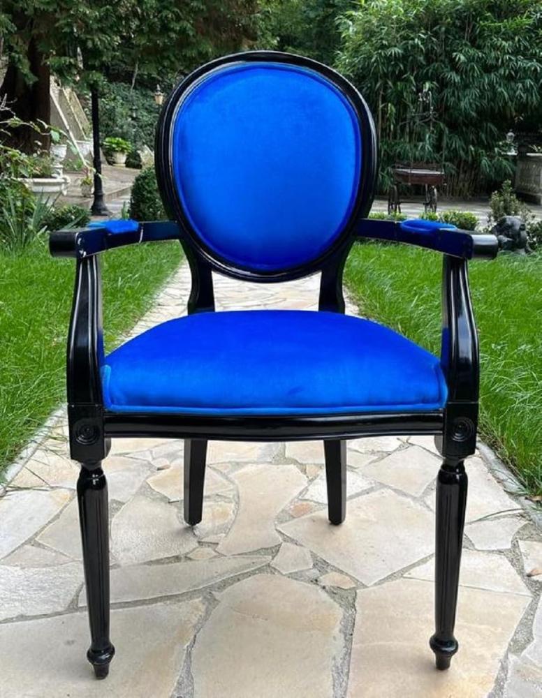 Casa Padrino Luxus Barock Esszimmer Stuhl Blau / Schwarz - Handgefertigter Antik Stil Stuhl mit Armlehnen und edlem Samtstoff - Esszimmer Möbel im Barockstil Bild 1