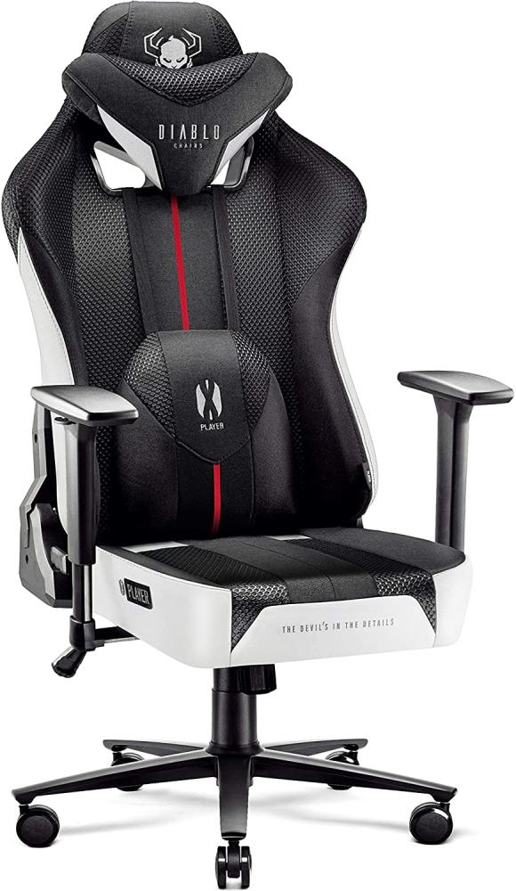 Diablo X-Player 2. 0 Gaming Stuhl Bürostuhl Gamer Chair Stoff 3D Armlehnen Ergonomisches Design Nacken/- Lendenkissen Wippfunktion Weiß-Schwarz King (XL) Bild 1