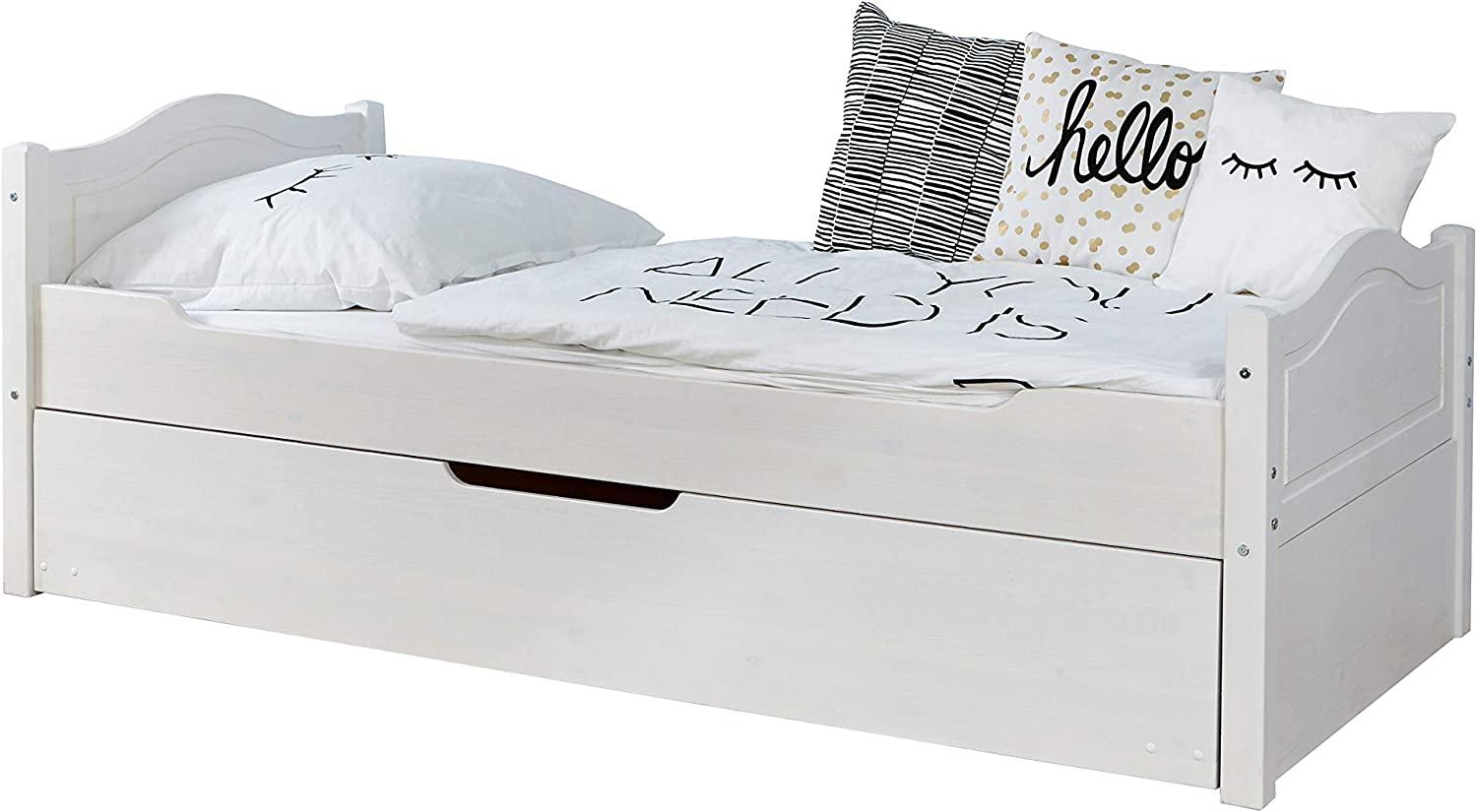 Ticaa Einzelbett 'Leni' 100x200 Kiefer massiv - mit Zusatzbett - weiß Bild 1