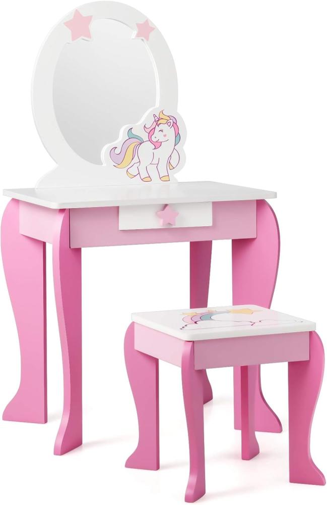 COSTWAY Kinderschminktisch mit Hocker, Schublade und Spiegel, Frisiertisch für Kinder rosa Bild 1