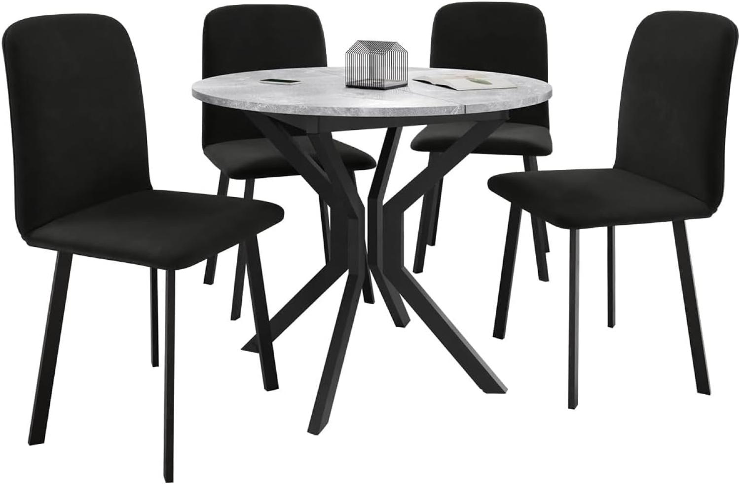 Essgruppe ML03, Runder ausziehbarer Esstisch Dirko M mit 4 Stühlen Lanoi (Farbe: Amor Velvet 4322, Grau Marmor/Schwarz) Bild 1