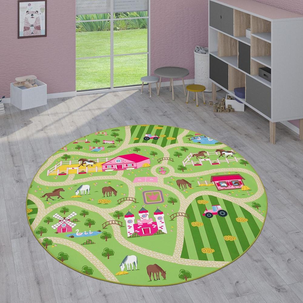 Paco Home Kinderteppich Teppich Kinderzimmer Spielteppich Junge Mädchen Modern rutschfest, Grösse:200 cm Rund, Farbe:Grün Bild 1