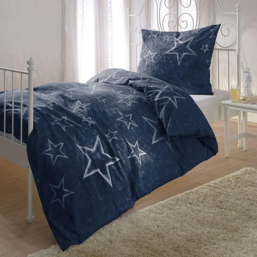 BettwarenShop Biber Bettwäsche Sterne blau | 155x220 cm + 80x80 cm Bild 1