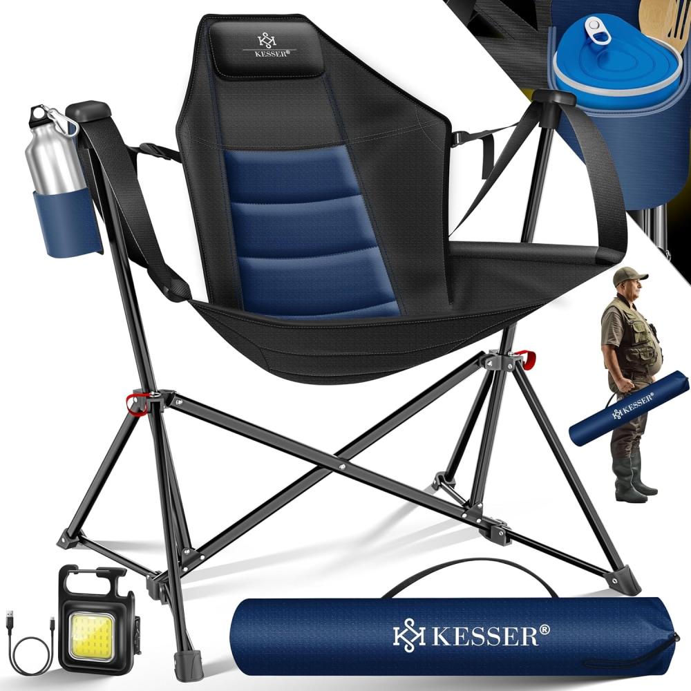 KESSER® Campingstuhl faltbar bis 160 kg | Angelstuhl Faltstuhl Klappstuhl Gepolstert mit Armlehnen | Campinglicht und Getränkehalter + Tasche mit hoher Rückenlehne | Strandstuhl mit Wippfunktion Navyblau / Schwarz Bild 1