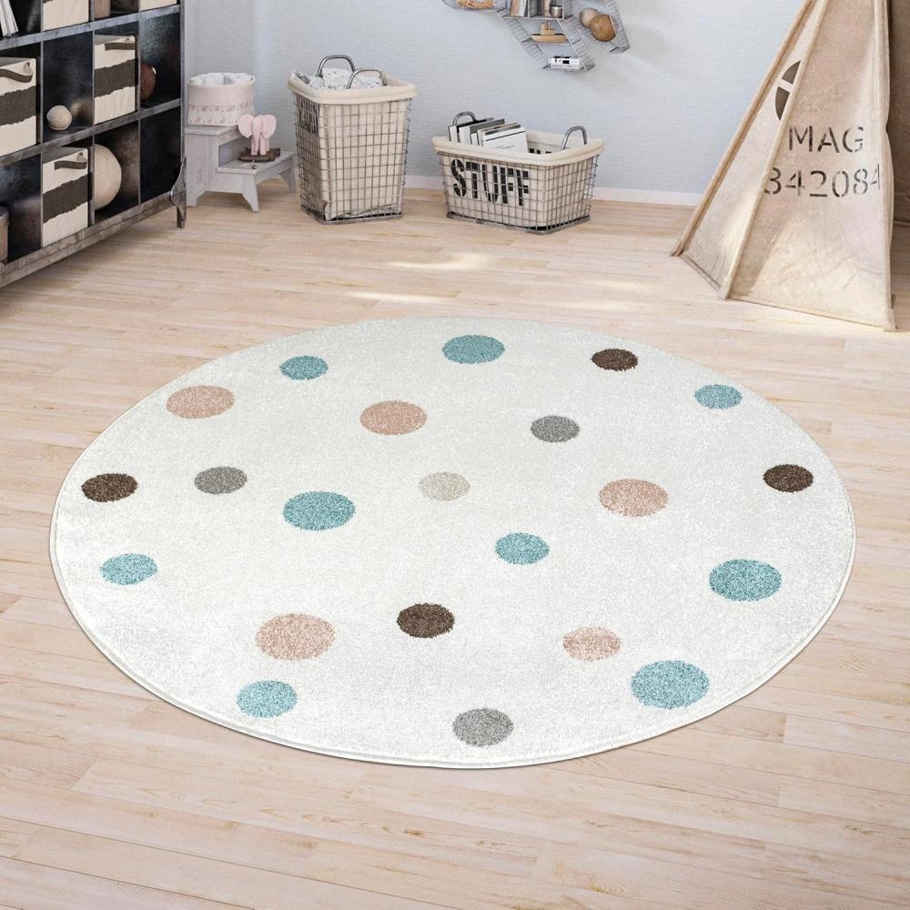 Jimri Kinderteppich DOTS l Pünktchen Gepunktet l Öko-Tex Siegel | Farbe: Beige Blau Rosa | Kinderzimmer/Jugendzimmer (White, Ø 120 cm Rund) Bild 1