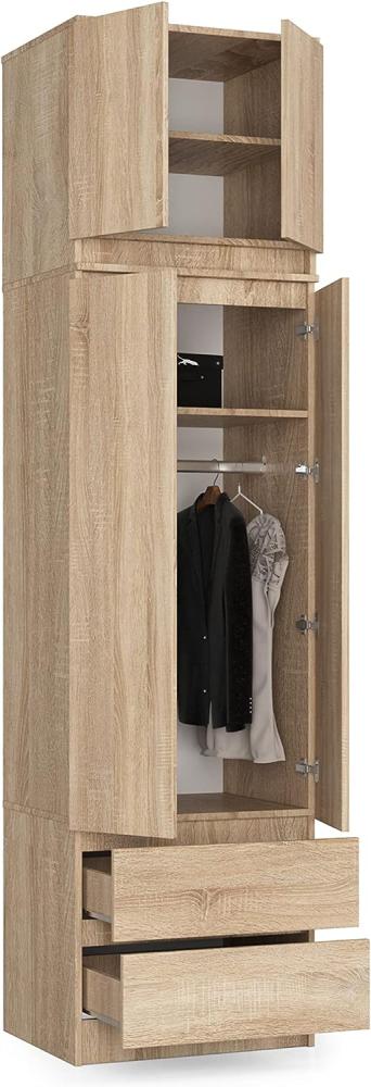 BDW Kleiderschrank mit Aufsatz, 4-türiger Kleiderschrank, 2 Schubladen, für das Schlafzimmer, Wohnzimmer, Flur, 234x60x51cm (Eiche Sonoma), One size Bild 1