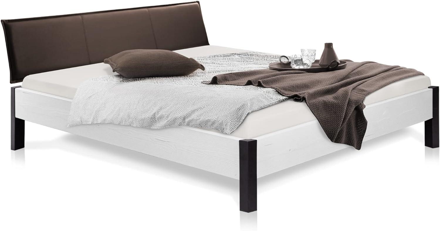 Möbel-Eins LUKY Bett Metallfuß, mit Polsterkopfteil, Material Massivholz, Fichte massiv weiss 120 x 220 cm Kunstleder Braun Bild 1