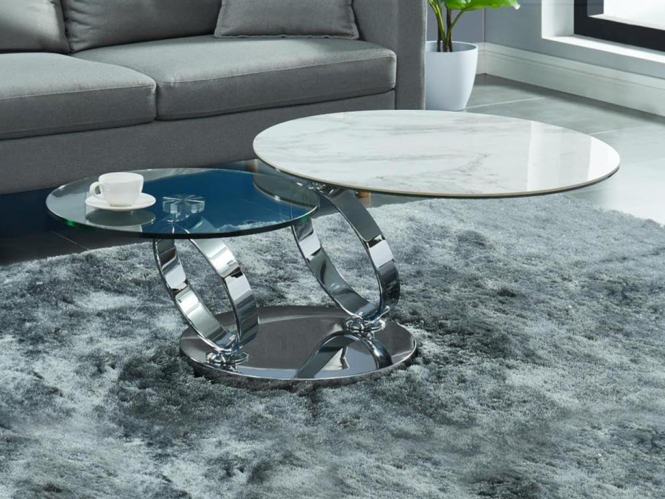 Couchtisch mit drehbaren Tischplatten JOLINE - Keramik & Glas - Weiß mit Marmor-Effekt Bild 1