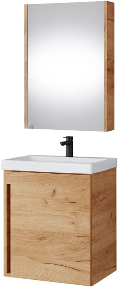 Waschtisch + Spiegelschrank Badmöbel Set 50cm für Badezimmer WC (Gold Eiche) Bild 1
