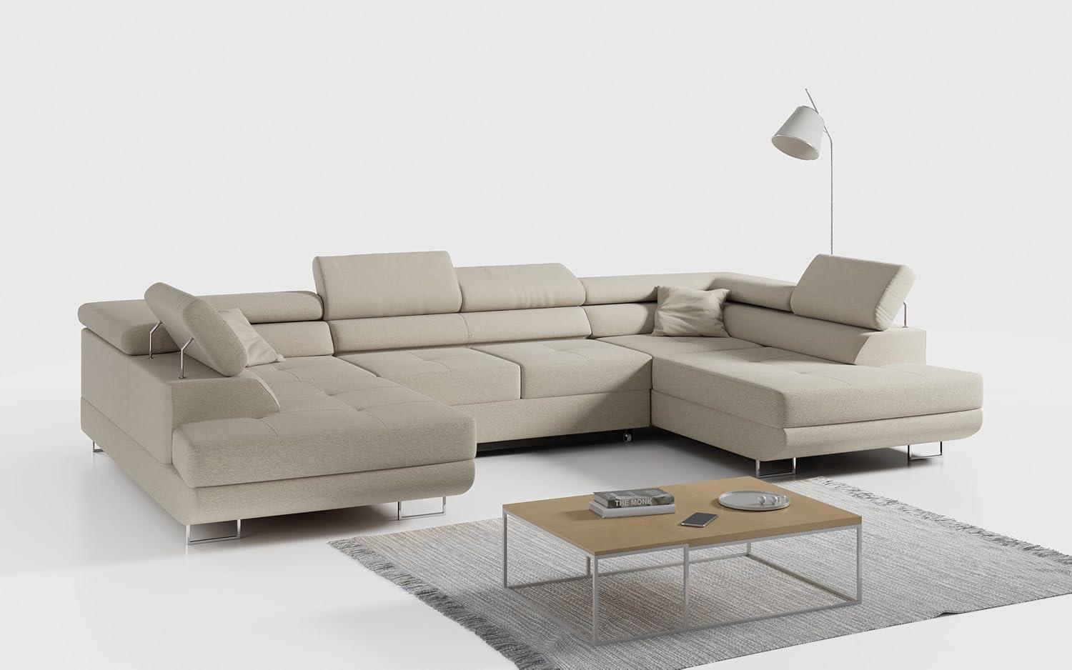 Ecksofa, Wohnzimmer U Couch, Polstersofa mit Bettkasten - GUSTAW-U - Creme Stoff Bild 1