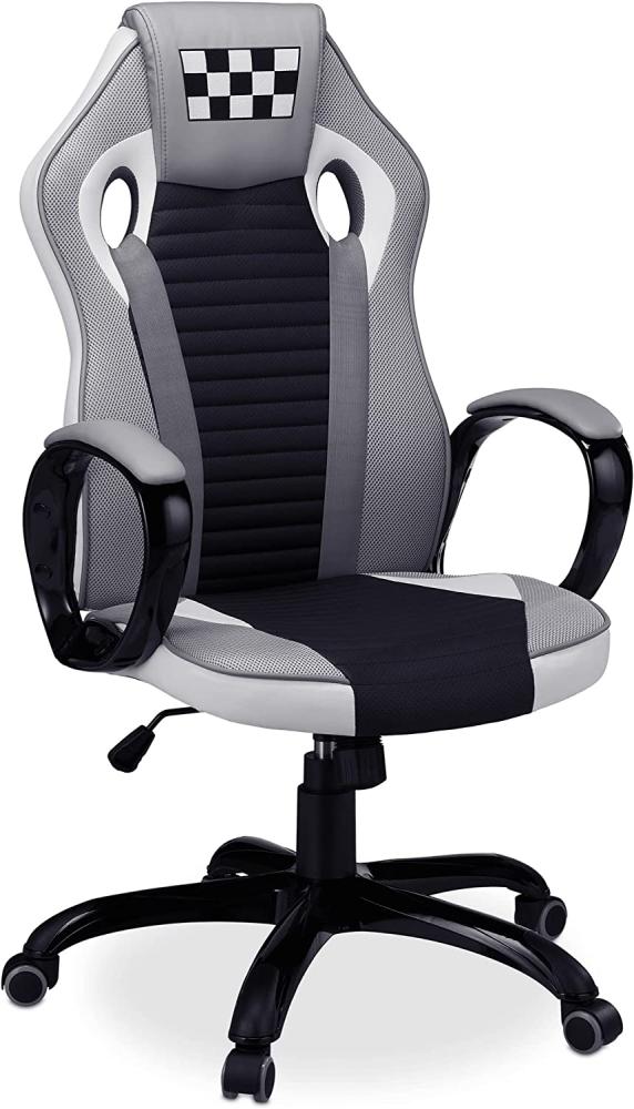 Relaxdays Gaming Stuhl, drehbar, verstellbar, Racing Design, HxBxT: 122x65x65 cm, Bürostuhl, bis 120 kg, schwarz-grau Bild 1