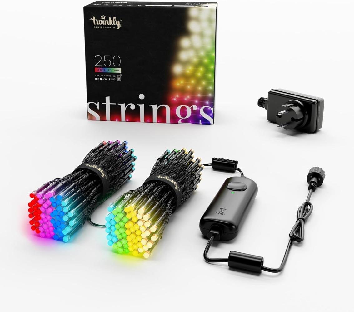 Twinkly Strings 250 LED RGB+ Weiß, LED-Lichterkette, Smarte LEDs für den Innen- und Außenbereich, Kompatibel mit Home Kit, Alexa und Google Home, Gaming, IP44, App-Steuerung, Schwarzes Kabel, 20m Bild 1