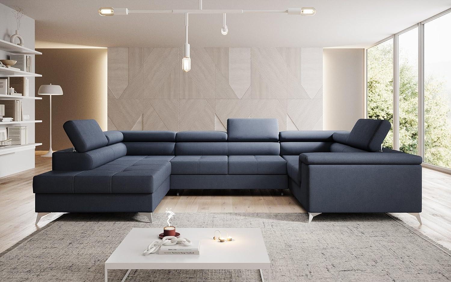 Designer Sofa Torino mit Schlaf- und Klappfunktion Stoff Blau Links Bild 1