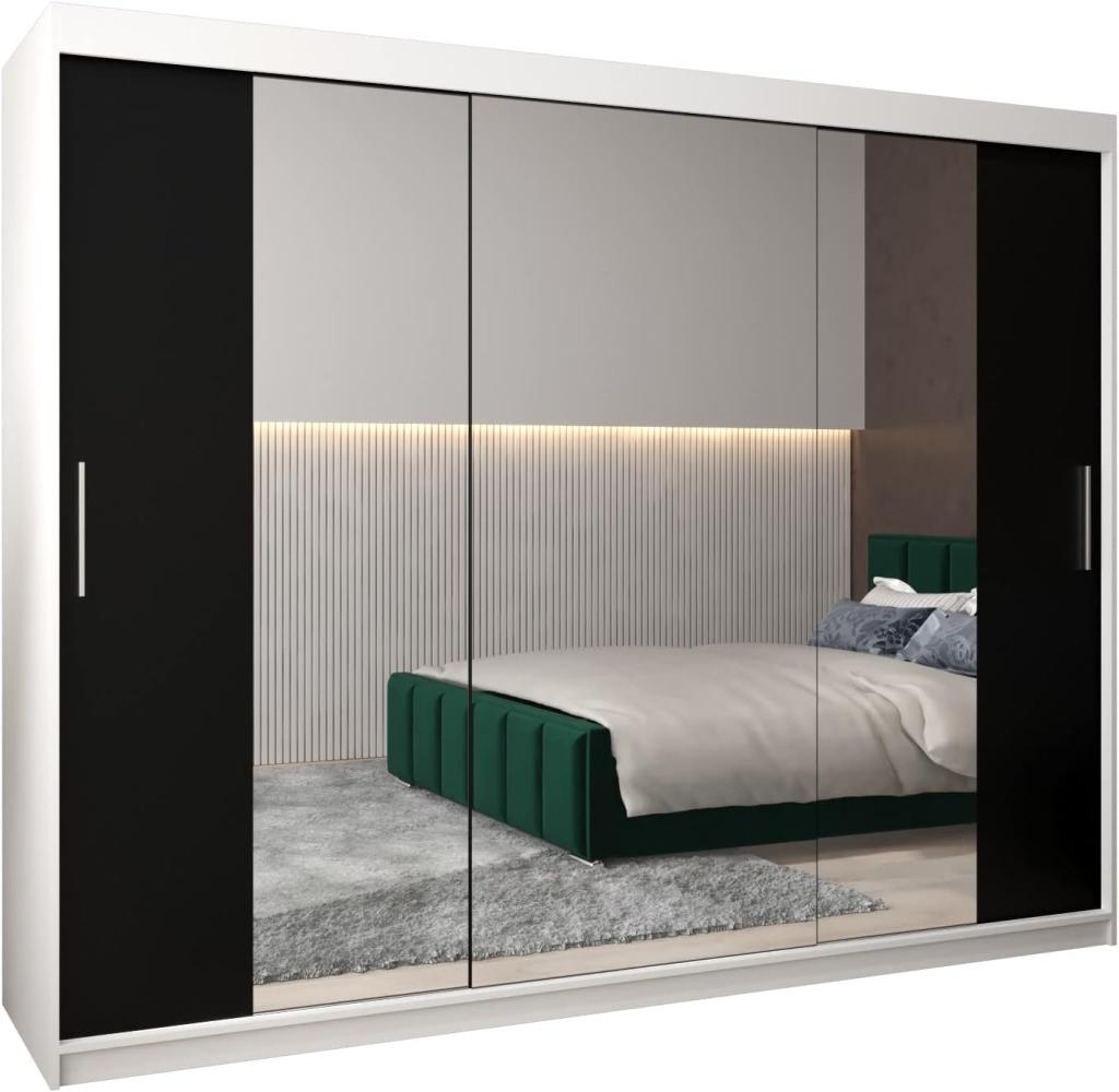 Kryspol Schwebetürenschrank Tokyo 2-250 cm mit Spiegel Kleiderschrank mit Kleiderstange und Einlegeboden Schlafzimmer- Wohnzimmerschrank Schiebetüren Modern Design (Weiß + Schwarz) Bild 1