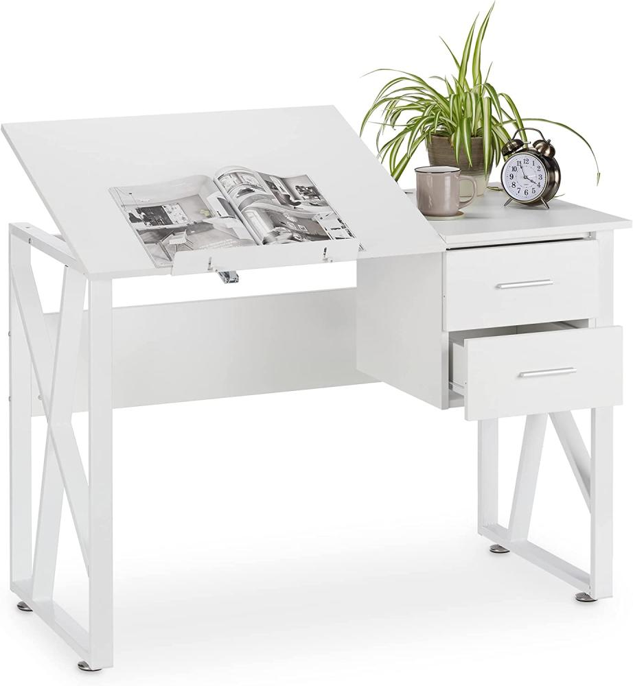 Relaxdays Schreibtisch neigbar, verstellbare Arbeitsfläche, weiß, 75 x 110 x 55 cm Bild 1