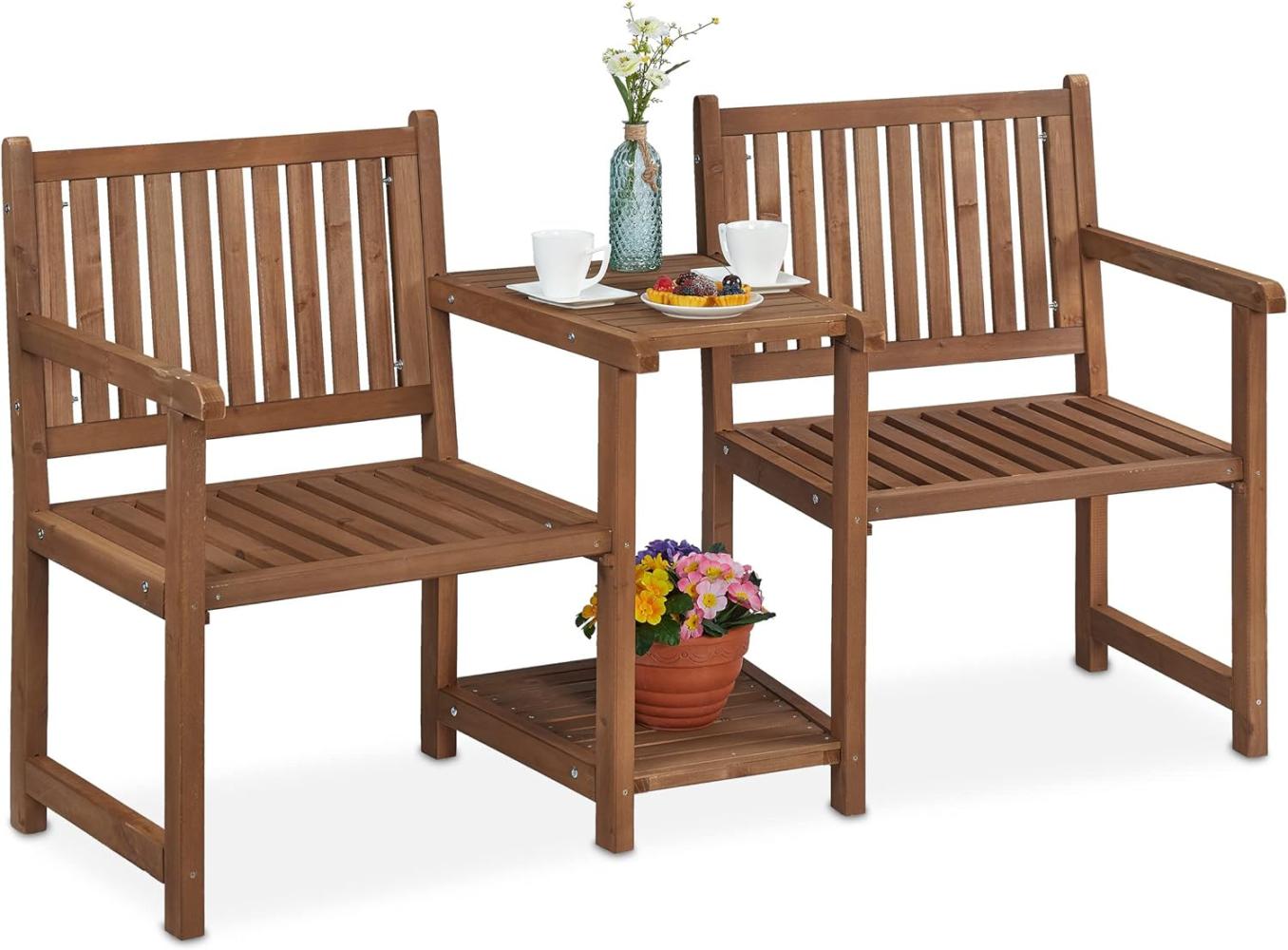 Relaxdays Gartenbank mit integriertem Tisch, 2-Sitzer, robuste Holz Sitzbank, Garten & Balkon, HBT: 86x161x61 cm, braun, 100% Bild 1
