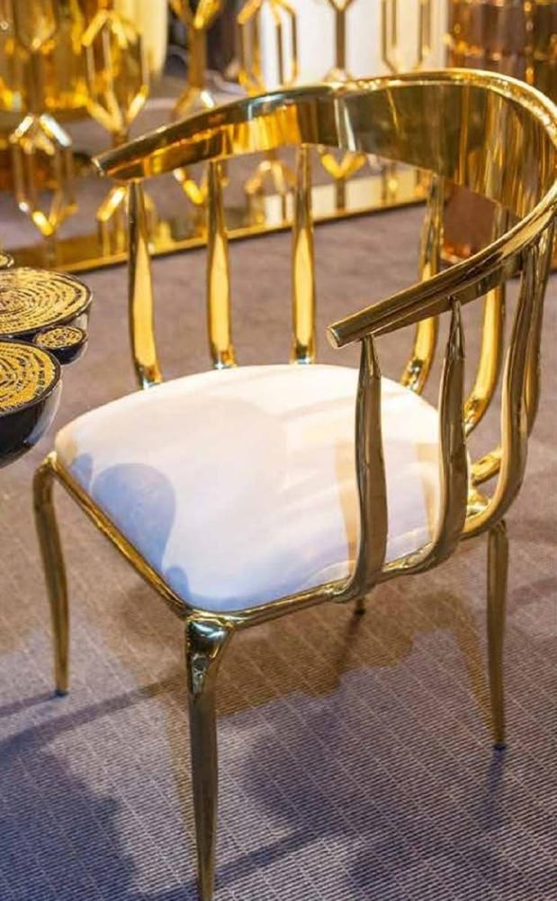 Casa Padrino Luxus Esszimmer Stuhl mit Armlehnen Creme / Gold - Gepolsterter Edelstahl Küchen Stuhl - Esszimmer Möbel - Hotel Möbel - Restaurant Möbel - Luxus Möbel Bild 1