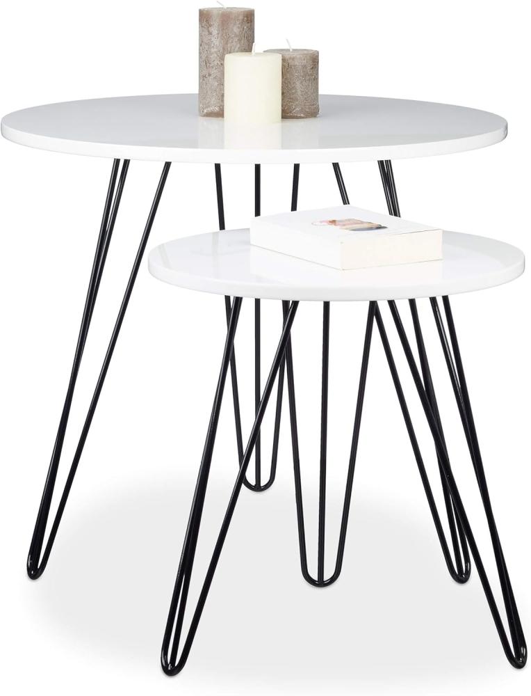 Relaxdays Beistelltisch Weiss 2er Set, runder Dreibeiner, Holz Sofatisch für Wohnzimmer, HxD: 52 x 60 cm, glänzend Weiß Bild 1