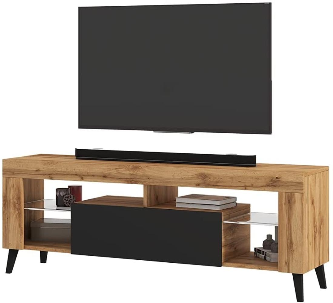Selsey HugoB – TV-Lowboard, modernes TV-Sideboard mit Füßen und Glaseinlegeböden, 140 cm (Lancaster Eiche Matt / Schwarz Glanz, ohne LED) Bild 1