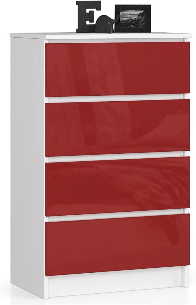 AKORD Kommode mit 4 Schubladen Beistellschrank Highboardmodernes Sideboard für Wohnzimmer Esszimmer Schlafzimmer Flur Badezimmer 60x99x40cmWeiß / Rot Glänzend Bild 1