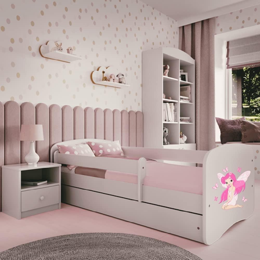 Kinderbett 180x80 mit Rausfallschutz, Lattenrost & Schublade in weiß 80 x 180 Mädchen Bett rosa Fee Bild 1