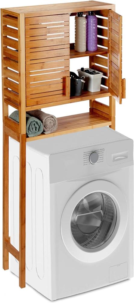 Relaxdays Waschmaschinenschrank Bambus, stehend, Lamellen-Türen, 3 Ablagen, WC Überbauschrank, HBT 164 x 66 x 26 cm, natur, Standard Bild 1