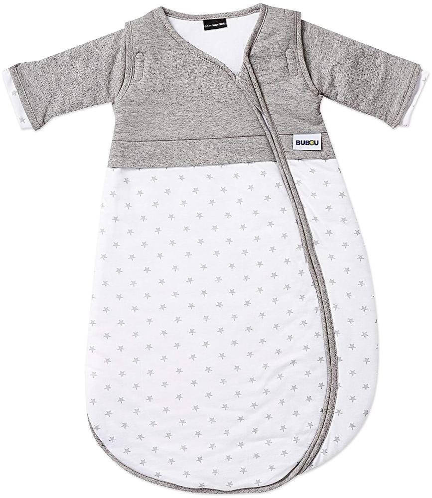 Gesslein 773083 Bubou Babyschlafsack mit abnehmbaren Ärmeln: Temperaturregulierender Ganzjahreschlafsack für Baby/Kinder Größe 110 cm, grau meliert/weiß mit Sternen Bild 1