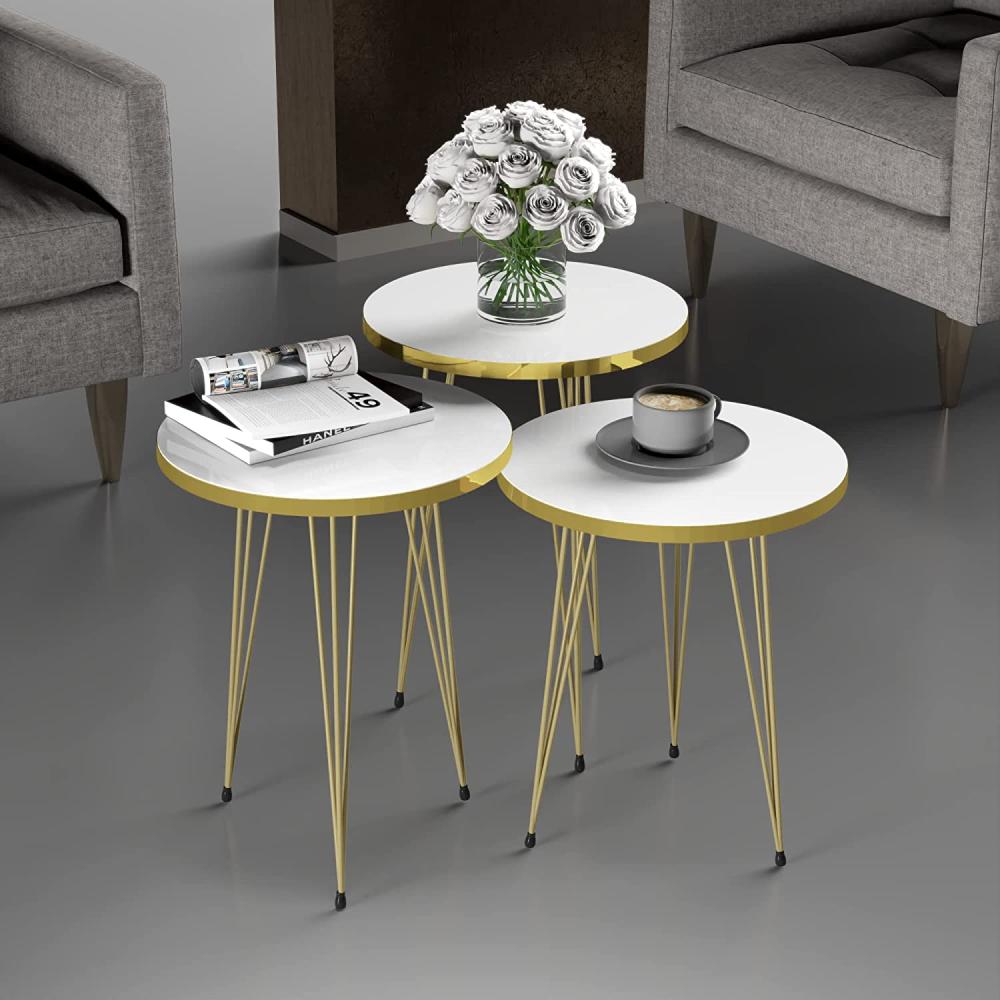 [en. casa] Beistelltisch-Set Ry Satztisch 3er Set Weiß Abstelltisch mit runder Tischplatte Hairpinlegs aus Metall Goldfarben Wohnzimmertisch Bild 1