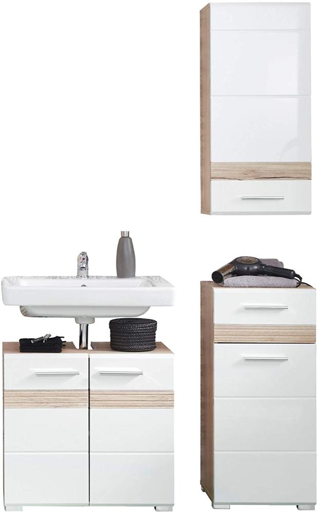 Badmöbel Set SetOne Hochglanz weiß und Eiche 3-teilig 110 cm, ohne Waschbecken Bild 1