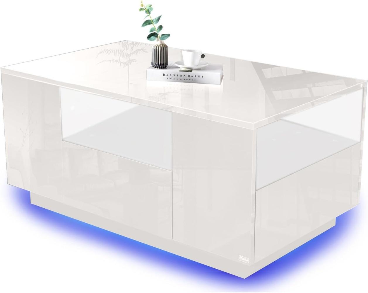 Makika LED Couchtisch mit Ablagefach und Schubladen, Holz weiß, Hochglanz, 95 x 57 x 45 cm Bild 1