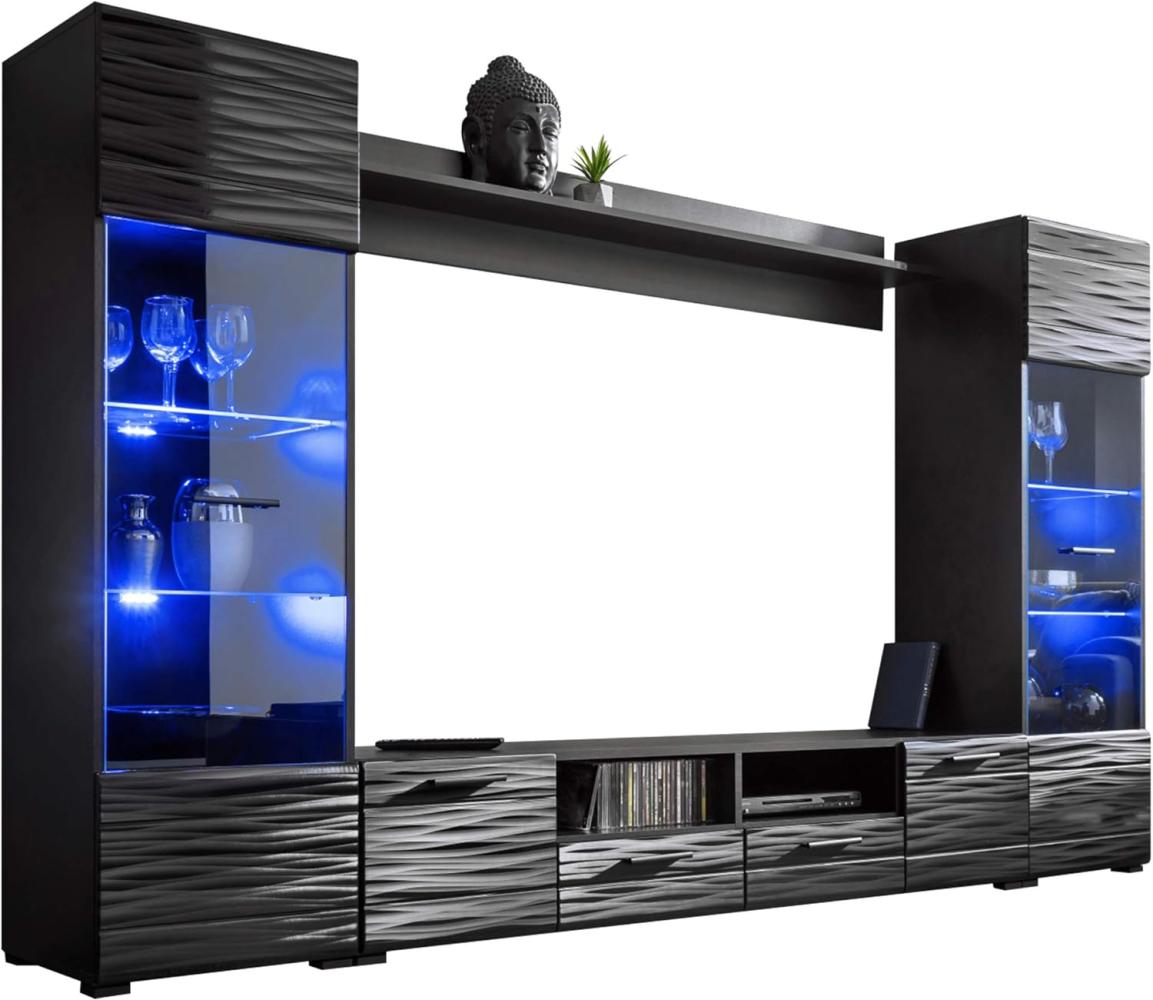 Wohnwand Modica, LED-Beleuchtung mit Fernbedienung (15 veränderbare Farben, 4 Programme), Farbe: Schwarz / Sahara Hochglanz Bild 1