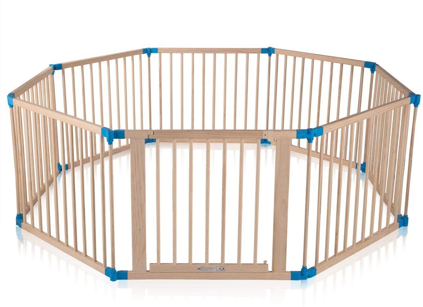Baby Vivo Laufgitter aus Holz mit Tür und blauen Verbindungen - 8 Elemente Bild 1