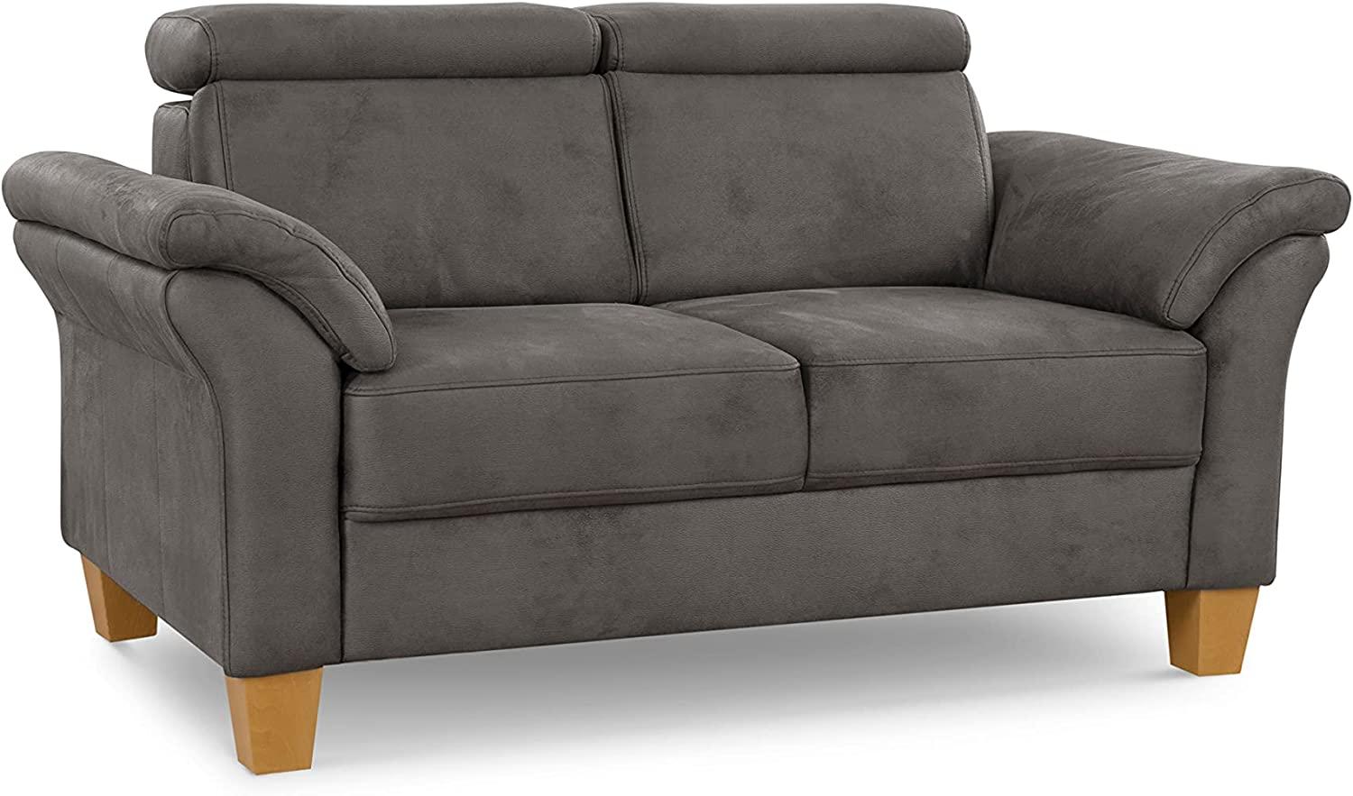 Cavadore 2-Sitzer-Sofa Ammerland / 2er-Couch im Landhausstil mit Federkern + verstellbaren Kopfstützen / 156 x 84 x 93 / Wildlederoptik, Grau Bild 1