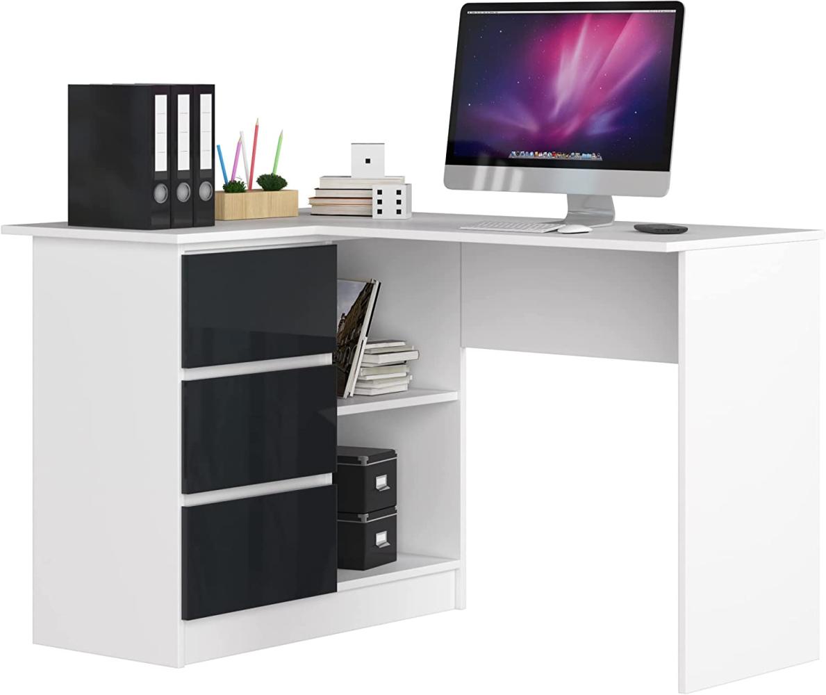 Eck-Schreibtisch B-16 mit 3 Schubladen und 2 Ablagen | Schreibtisch | ecktisch | Eck Schreibtisch für Home Office | Einfache Montage | B124 x H77 x T85, 48 kg Weiß/Graphit Glänzend Bild 1