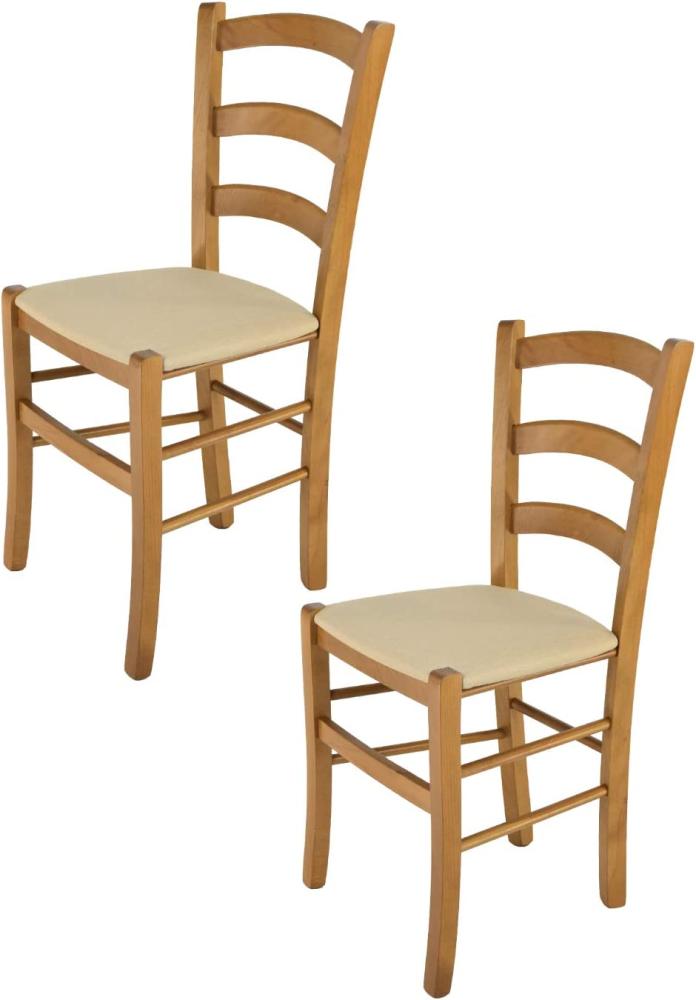 Tommychairs - 2er Set Stühle Venice für Küche und Esszimmer, robuste Struktur aus lackiertem Buchenholz Farbton Eichenholz und gepolsterte Sitzfläche mit Stoff Farbe Hanf bezogen Bild 1