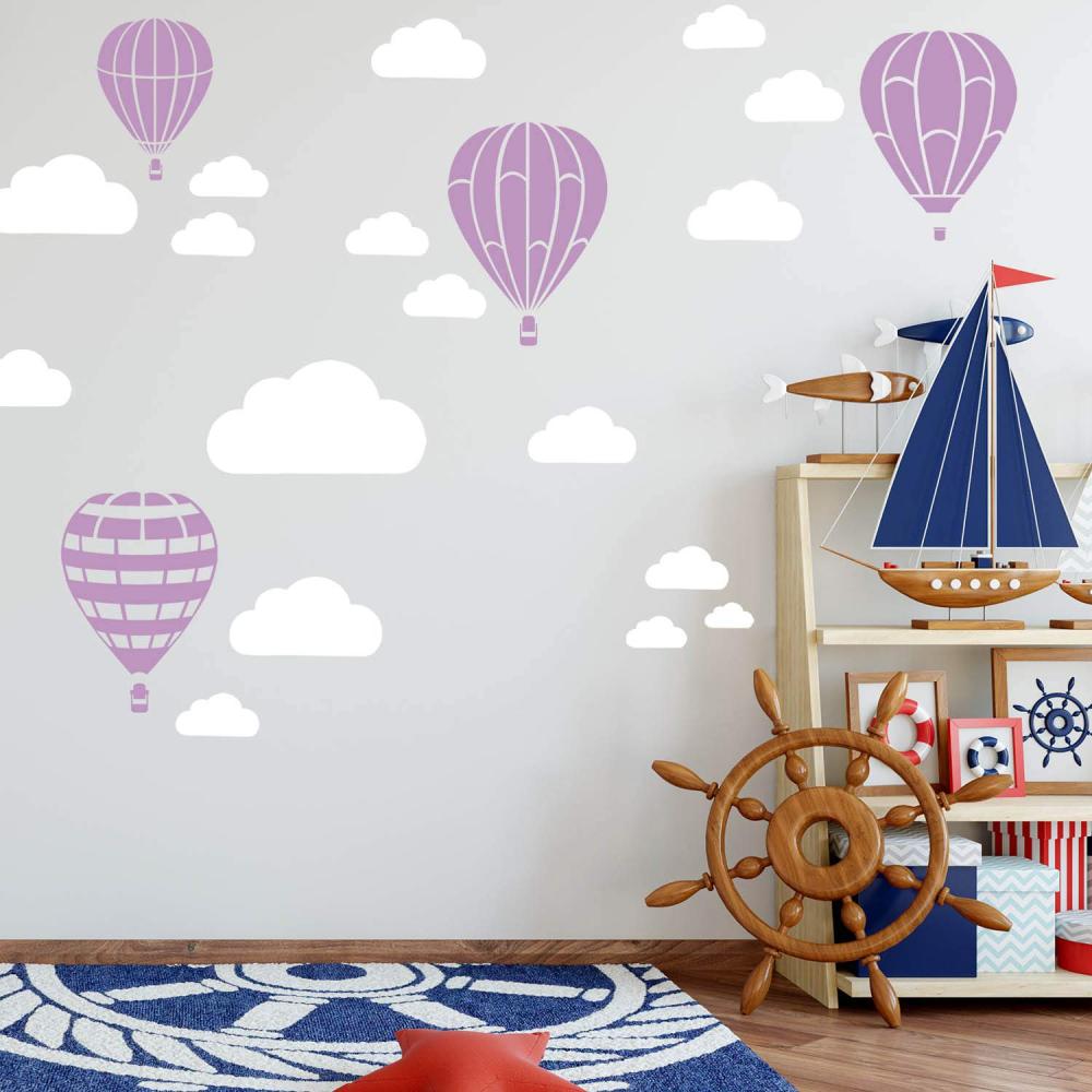 Heißluftballon & Wolken Aufkleber Wandtattoo Himmel | Wandbild 6x DIN A4 Bögen | Sticker Kinder Kinderzimmer Deko Ballons (Flieder) Bild 1