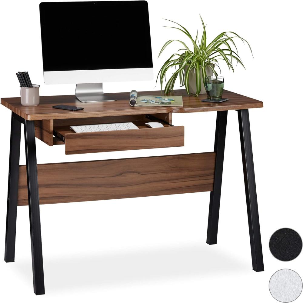 Relaxdays Schreibtisch mit Tastaturauszug, platzsparend & kompakt, natur/ schwarz, 77,5 x 110 x 58 cm Bild 1