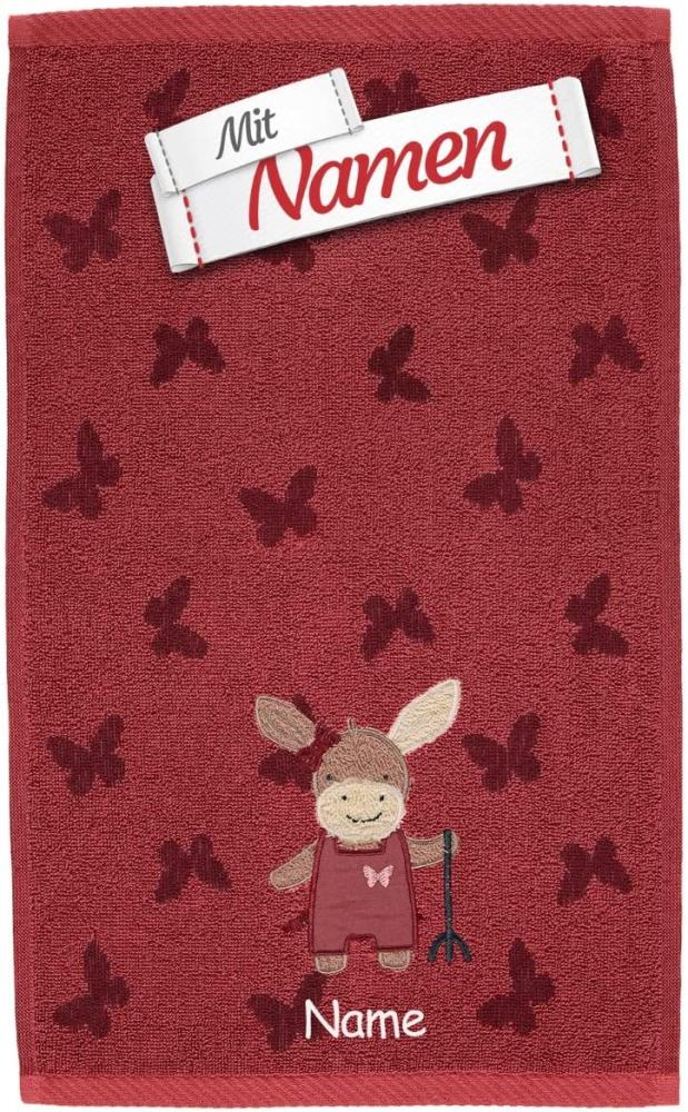 Sterntaler Esel Emmily Garden Kinderhandtuch bestickt mit Namen, MädchenKinder Baby Handtuch personalisiert besticken lassen, 30 x 50 cm Rot mit Schmetterlingen Bild 1