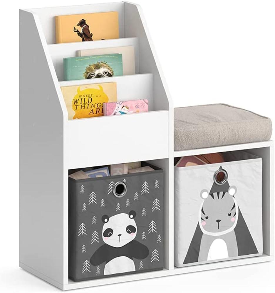 Vicco 'LUIGI' Kinderregal, weiß, mit Sitzbank, 3 Fächern für Bücher und 2 Fächern für Faltboxen, inkl. 2 Faltboxen (Panda + Pinguin / Zebra + Tiger) Bild 1