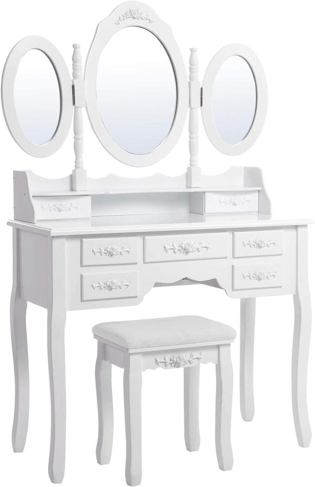 SONGMICS Schminktisch mit 3 Spiegel und Hocker, 7 Schubladen inkl. 2 Stück Unterteiler, Kippsicherung, luxuriös, 145 x 90 x 40 cm, weiß RDT91W Bild 1